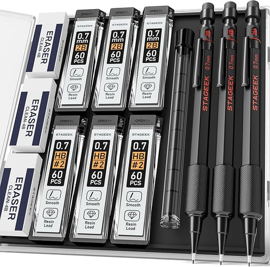 0.7mm Mechanical Pencil Set, 3PCS Metal Mechanical Pencils 0.7mm with 6 Tubes HB & 2B Lead Refills,Erasers, Weatherproof Artist Pencils with Case for Outdoor Writing Drafting Drawing-DeskLoop Office