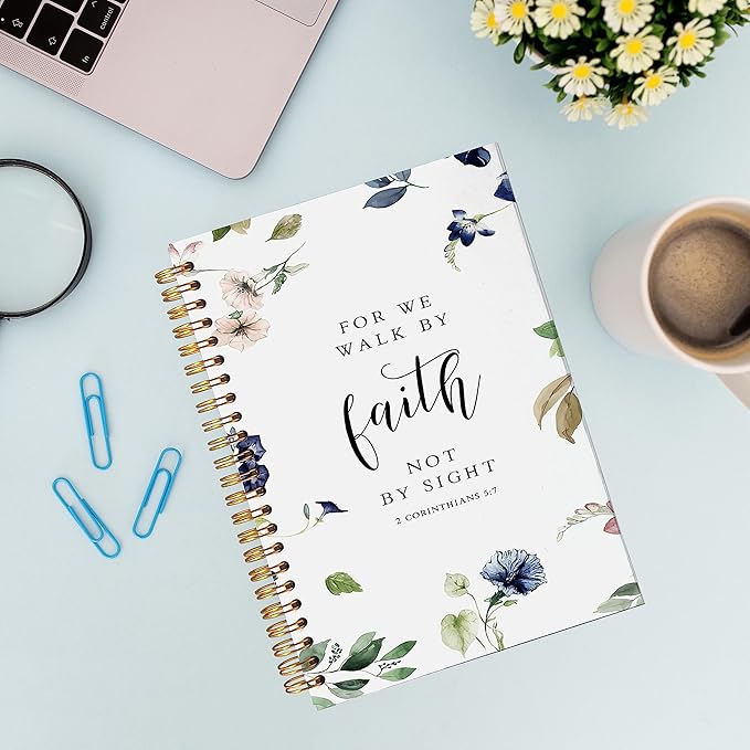 VNWEK Bible Scripture 2 Corinthians 5:7 for Me Walk by Faith not by Sight Watercolor Floral Spiral Notebook Journal 5.5 x 8.3 inches,Christian Lined Hardcover Spiral Notebook,Christian Gifts-DeskLoop Office