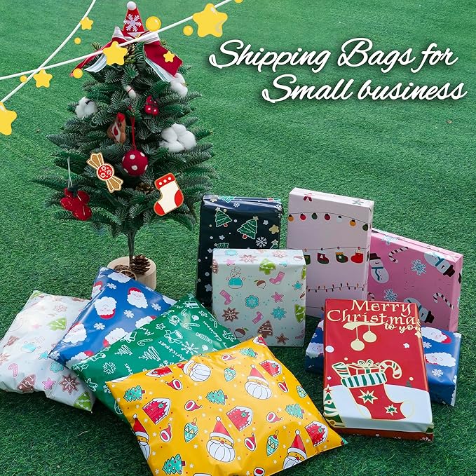 Christmas Poly Mailer 10x13 Inch 100 Pcs, Waterproof Shipping Bags for Clothing, Tear-Resistant Mailier Bags, Strong Mailing Bags with Self-Seal - Christmas Elements Printed-DeskLoop Office