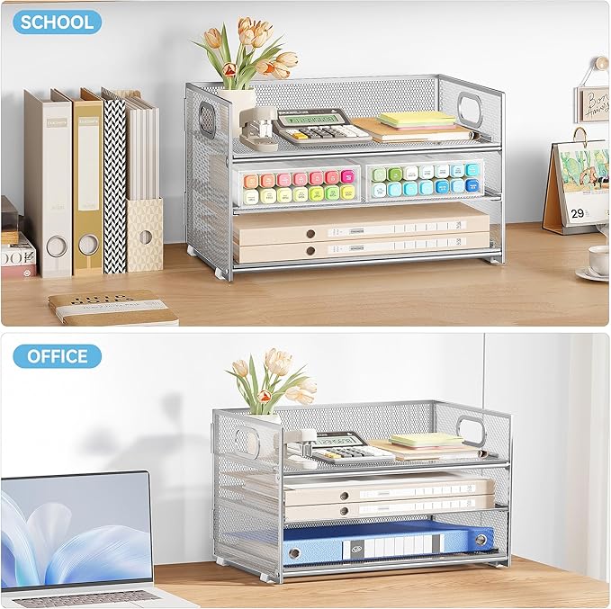 Subekyu 3 Tier Paper Desk Organizer with Handle and 1 PC Slideable Letter Tray, A4 Paper File Folder Sorter Metal Mesh Organizer for Home Office School Desk Supplies Organization Storage, Silver-DeskLoop Office