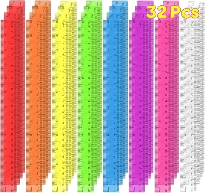32 Pcs Clear Plastic Ruler 12 Inch, Rulers Bulk for Classroom, Transparent Assorted Color Bulk Rulers with Millimeter and Inches, Kids Ruler for School, Ideal Back to School Office Home Supplies-DeskLoop Office