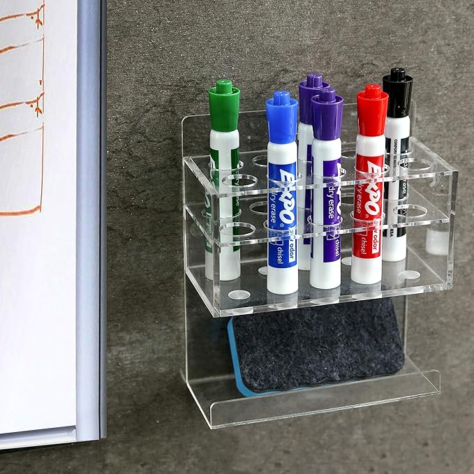 MyGift Dry Erase Marker Holder 10 Slots Whiteboard Marker Holder For Wall Dry Erase Eraser Holder Wall Mount Clear-DeskLoop Office