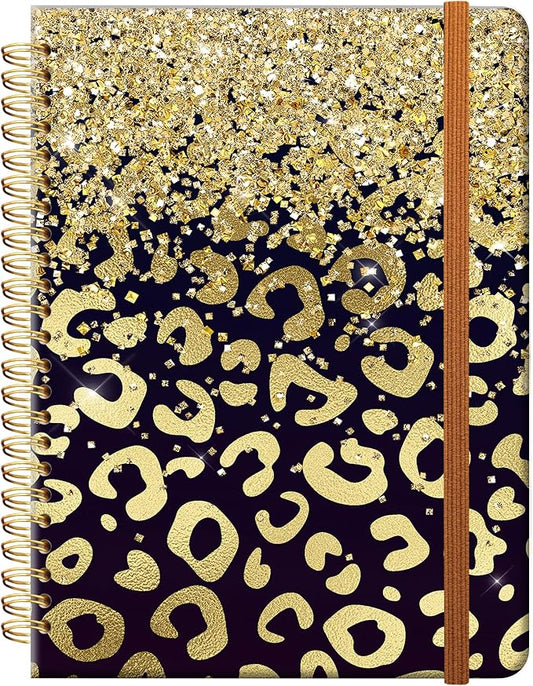 Ruled Spiral Writing Notebook,A5 Hardcover Lined College Journal for Women Lady,Fashion Puppy Watercolor Strong Twin-Wire Binding with Premium Paper,8.4" X 6",Perfect for School,Office,Home Gifts(Shiny Gold Leopard)-DeskLoop Office