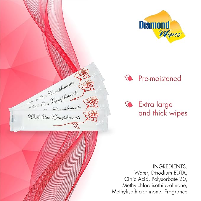 Diamond Wipes Pre-moistened Hand Wipes - “With Our Compliments” Logo 10x8” Extra Thick Lemon-Scented Pack of 1000 Individually Wrapped Wet Wipes-DeskLoop Office