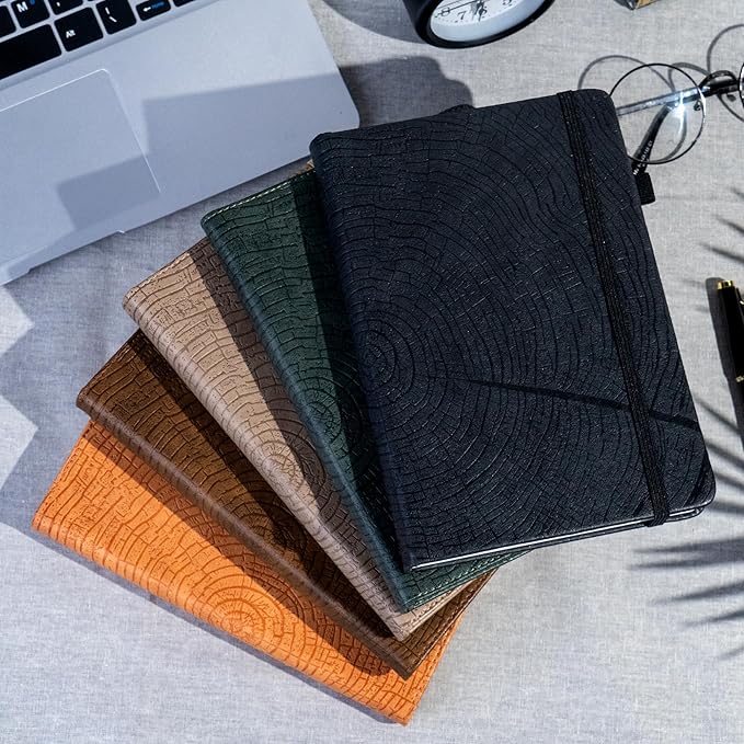 CAGIE Lined Journal for Men Women, Tree Growth Ring Leather Bound Journal Notebook, 256 Pages 100 GSM Journals for Writing, A5 Hardcover Journaling Notebooks for Work, Note Taking, Black-DeskLoop Office