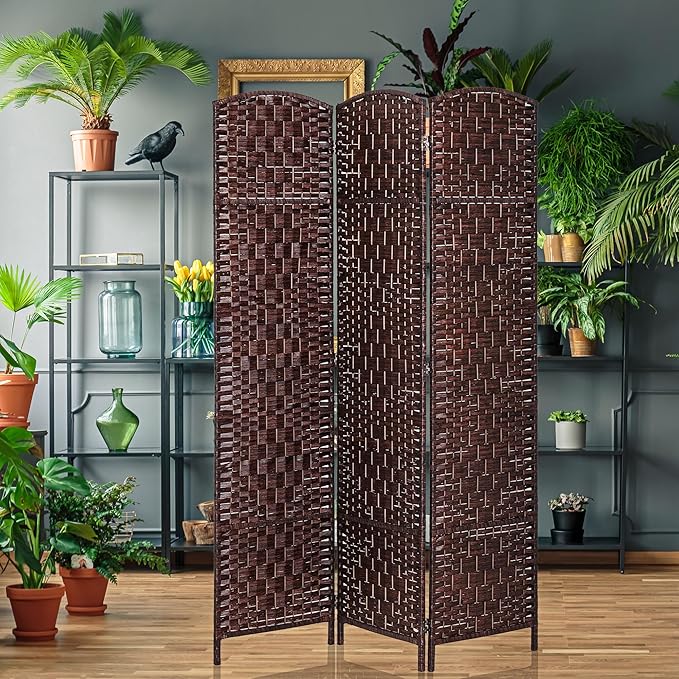 HOMCOM Room Divider, 3 Panel Folding Privacy Screen, 6FT Tall Portable Wicker Weave Partition Wall Divider for Bedroom, Home Office, Brown-DeskLoop Office
