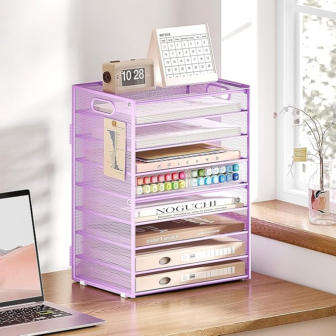 SUBEKYU 9 Tier Paper Letter Tray Desk Organizer with Handles - Purple Metal Mesh File Holder Paper Sorter Desk Organizer for Office Home School, Include 6 Pcs Adjustable Slid Tray, 6 Colors Available-DeskLoop Office