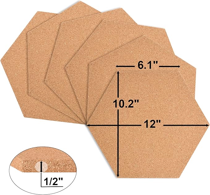 SUNGIFT Hexagon Cork Board Tiles Self Adhesive 6 Pack - 1/2" Thick Corkboards for Wall 12" x 10.2" Memo Boards Pin Board Decorative Bulletin Board for Office Home Kitchen - 50 Multi-Color Push Pins-DeskLoop Office