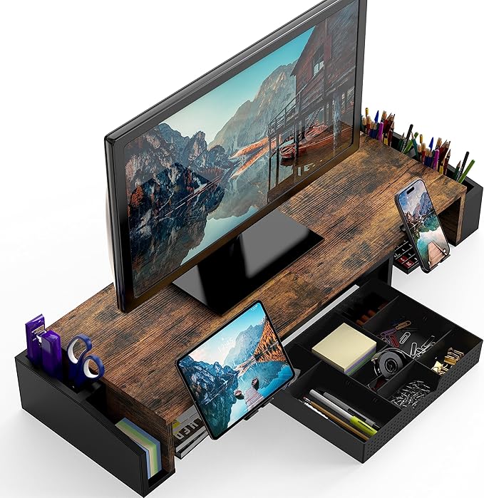 Simple Houseware Desk Dual Monitor Stand Riser with Drawer, Rustic Brown-DeskLoop Office