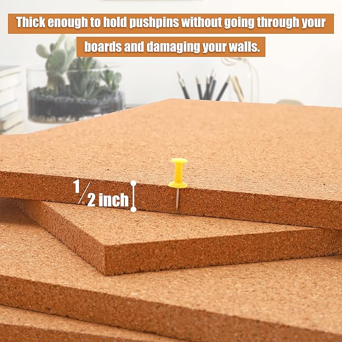 SUNGIFT Cork Boards for Walls - 12" x 12" Corkboard Squares, 1/2" Thick Cork Board Tiles, 6 Pack Wall Bulletin Board with 50 Push Pins for Office, Home Decor-DeskLoop Office