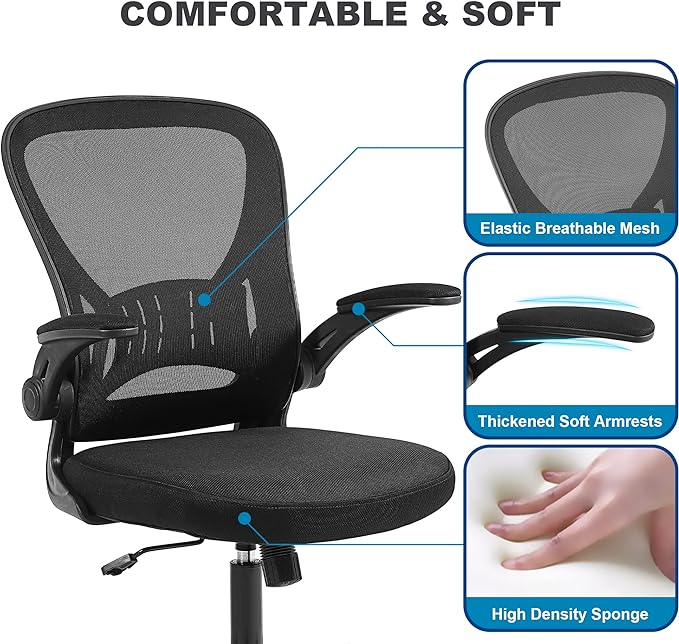Mesh Office Chair, Ergonomic Home Office Desk Chairs with Flip-up Arms and Lumbar Support, Height Adjustable, Black-DeskLoop Office