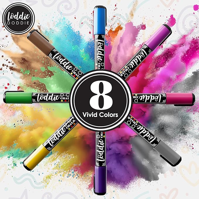 Loddie Doddie Metallic Liquid Chalk Markers for Chalkboard - 8 Count, 6mm Reversible Chisel & Bullet Tip - Erasable Chalk Pen - Metallic Chalkboard Markers - Chisel Tip Pens