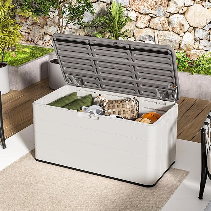 100 Gallon Plus Resin Deck Box, Waterproof Outdoor Storage Bin for Patio Furniture, Pool Accessories, and Garden Tools, Lockable & UV-Resistant, White-DeskLoop Office