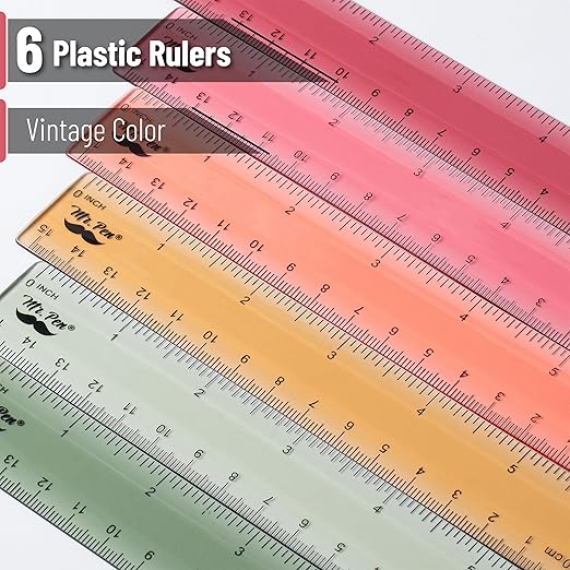Mr. Pen- Ruler, 6 Inch, 6 Pack, Vintage Colors, Rulers for School, Clear Plastic Ruler, Back to School Supplies-DeskLoop Office