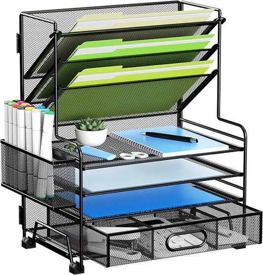 4-Tier Paper Organizer + 3-Pocket File Holder + Drawer + Pen Holders, Desktop File Organizers Paper Tray for Office Accessories School Classroom Organization (Black)-DeskLoop Office