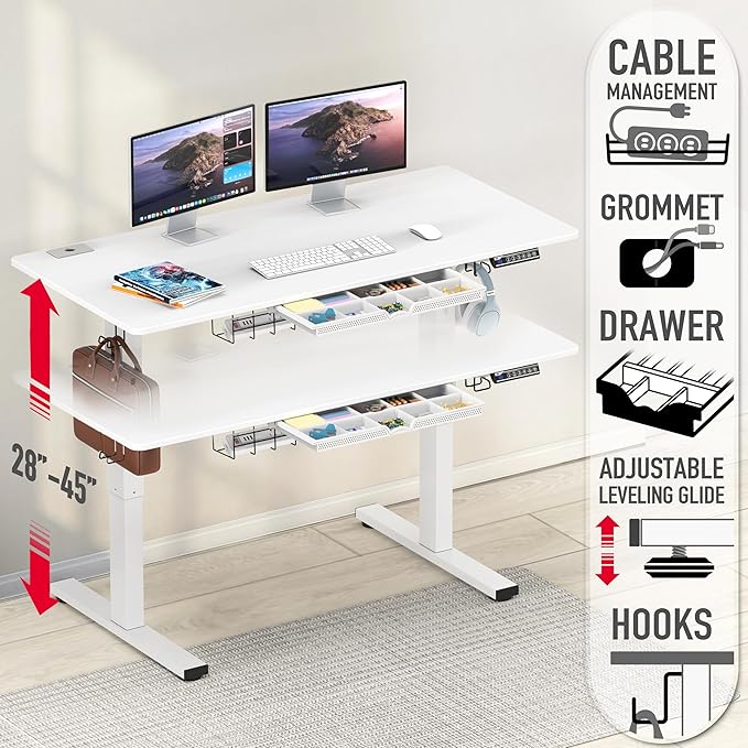 SHW 48-Inch Electric Height Adjustable Standing Desk with Drawer, Memory Preset and Cable Management Tray, White-DeskLoop Office
