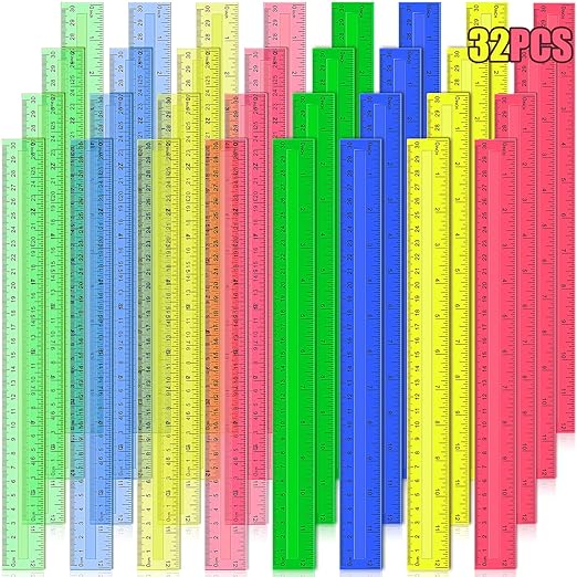 12 Inch Plastic Rulers, 32 PCS Transparent Assorted Color Metric Bulk Rulers with Inches Centimeters Millimeter. Measuring Drawing Tool for Kids, Ideal Back to School Office Home Supplies-DeskLoop Office