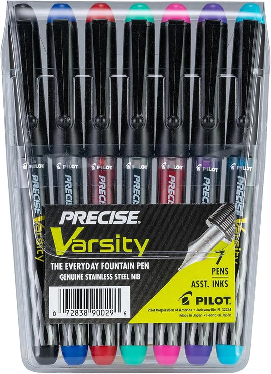 PILOT Pen 90029 Precise Varsity Pre-Filled Fountain Pens, Medium Point Stainless Steel Nib, Black/Blue/Red/Pink/Green/Purple/Turquoise, 7-Pack Pouch-DeskLoop Office