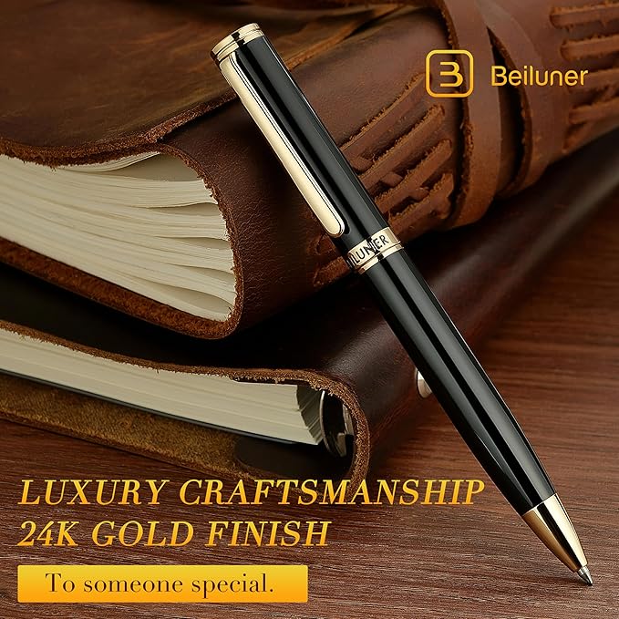 BEILUNER Luxury Gel Pen with 24K Gold Finish, Black Piano Lacquer, Luxury Grade Craftsmanship, Best Pen Gift Set for Men and Women, Professional, Executive, Office, Retractable Nice Pens-DeskLoop Office