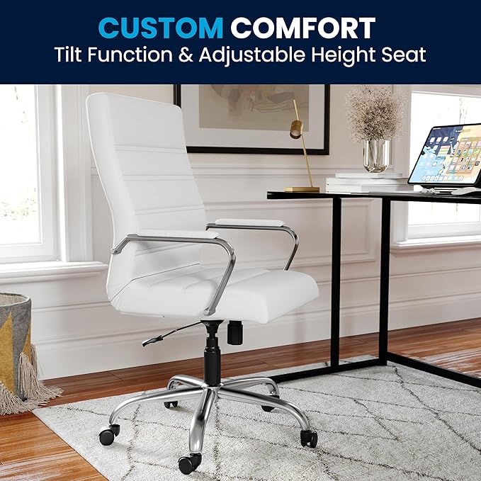 Flash Furniture Whitney High-Back Swivel LeatherSoft Desk Chair with Padded Seat and Armrests, Adjustable Height Padded Office Chair, White/Chrome-DeskLoop Office