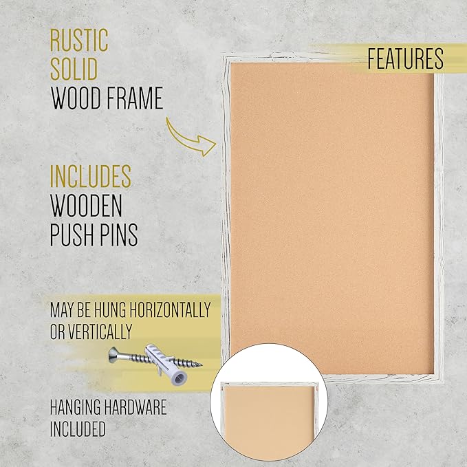 HBCY Creations Wall Mount Whitewashed Cork Board - 24" W x 36" H - 6 Wooden Push Pins - Solid Pine Wood Frame - for Kitchen, Classrooms, Restaurant Menus and More!-DeskLoop Office