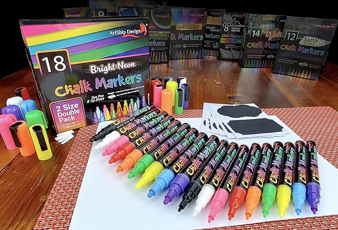 18 Neon Chalk Markers - Double Pack of Fine and Medium Tip Liquid Chalk Pens - Wet Erasable for Menu Boards, Glass, Windows, Whiteboards, Classrooms, Mirrors, Plastic-DeskLoop Office