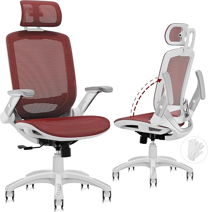 GABRYLLY Ergonomic Office Chair, High Back Home Desk Chair with Headrest, Flip-Up Arms, 90-120° Tilt Lock and Wide Cushion, 400LBS Mesh Chairs for Man Woman, White Task Chair(Red,GY01WR)-DeskLoop Office