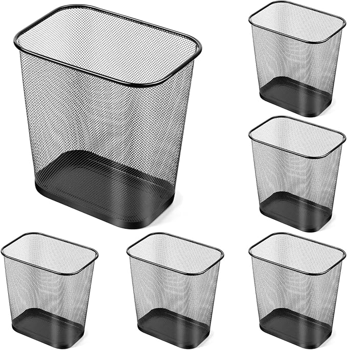 6 Pieces Mesh Square Trash Cans 4 Gallons Wire Wastebasket for Home Black Metal Office Garbage Cans Rectangular Open Top Trash Bin for Kitchen Bathroom Bedroom Dorm Room, 11.7 x 8.5 x 11.8 Inch-DeskLoop Office