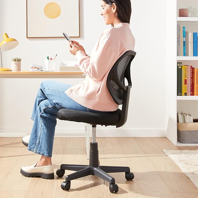 Amazon Basics Rolling Desk Chair, Adjustable, Low Back, Padded Seat, Breathable Mesh, Swivel, Black, 21.25" D x 22.5" W x 38" H-DeskLoop Office