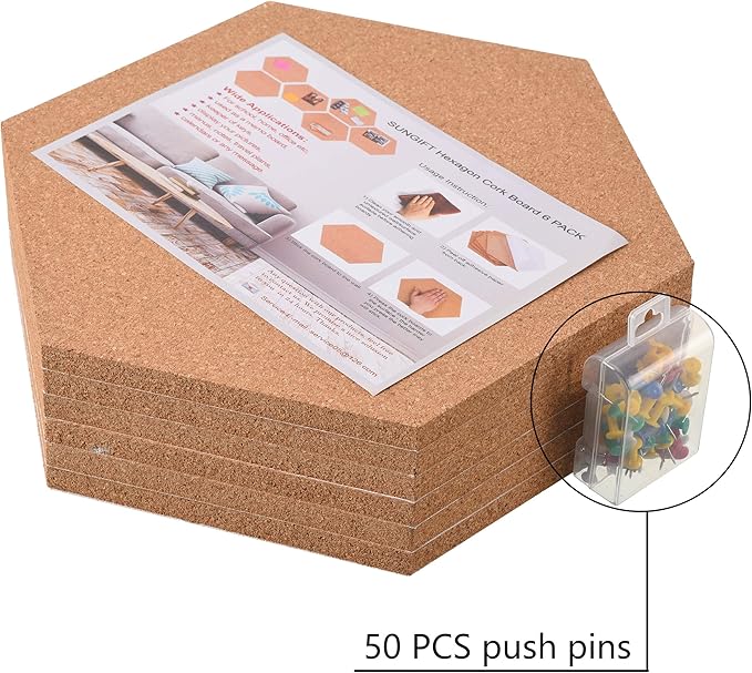 SUNGIFT Hexagon Cork Board Tiles Self Adhesive 6 Pack - 1/2" Thick Corkboards for Wall 12" x 10.2" Memo Boards Pin Board Decorative Bulletin Board for Office Home Kitchen - 50 Multi-Color Push Pins-DeskLoop Office