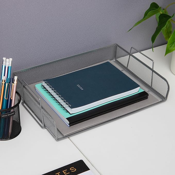 Mind Reader Stackable Paper Tray, Desktop Organizer, File Storage, Office, Metal Mesh, 13.25" L x 9.75" W x 6.25" H, 2 Pcs., Silver