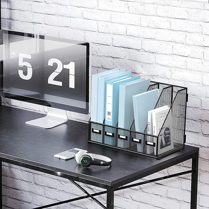 SUPEASY Desk Organizers Metal Desk Magazine File Holder with 5 Vertical Compartments Rack File Organizer for Office Desktop, Home Workspace, Black-DeskLoop Office
