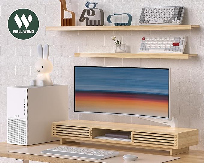 Dual Monitor Stand Riser with Sliding Door, Double Computer Laptop Stand Desk Shelf Organizer with Storage (Natural Bamboo, 38 Inch)-DeskLoop Office