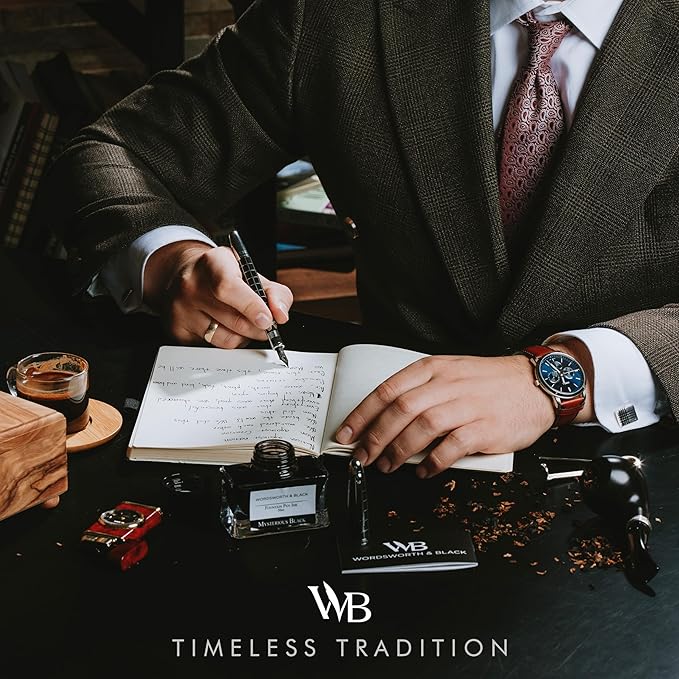 Wordsworth & Black Majesti Fountain Pen-(Checked), Luxury Case, Chrome Finish; Extra Fine Nib- Ink Cartridges, Refillable Ink Converter-Calligraphy Pen-Best Business Gift Set for Men & Women-DeskLoop Office