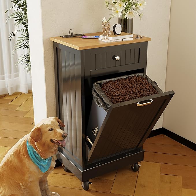 10 Gallon Tilt Out Trash Cabinet, Wooden Kitchen Trash Can Cabinet with Hideaway Drawer, Freestanding Laundry Hamper Garbage Recycling Cabinet on Wheels, Pet Proof, Single, Black-DeskLoop Office