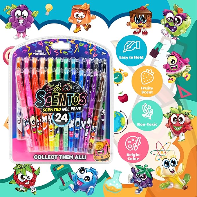 Scentos Scented Gel Pens Set – 24 Pack Neon Colors – Fine Tip Pens for Kids & Adults – Fruity Scents – Fun Art Supplies for Drawing, Coloring, Scrapbooking, Journaling & School-DeskLoop Office