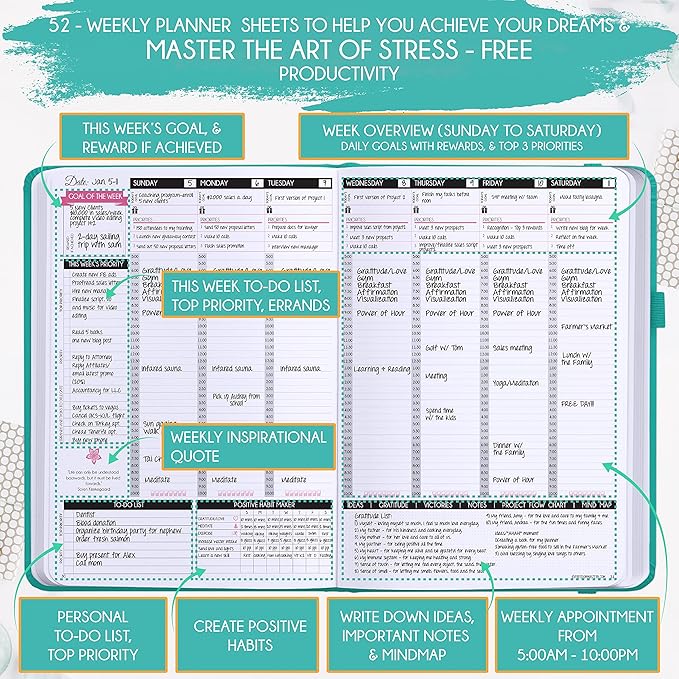 Hourly Planner – Undated Weekly & Monthly Goal Setting Planner, 12-Month to Increase Productivity | Life & Gratitude Journal, Include Foldable Vision Board, Gift Box & Stickers-DeskLoop Office