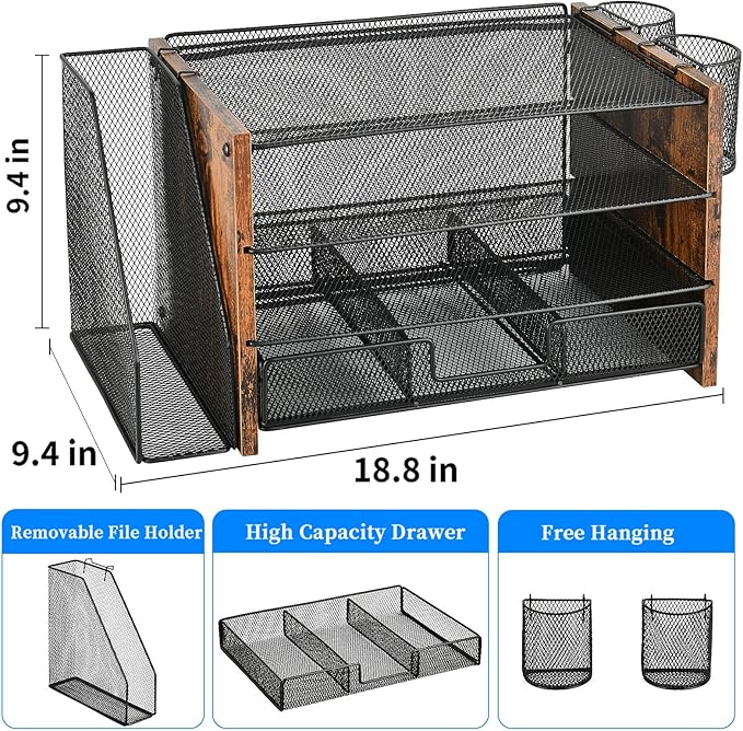 Desk Organizer and Accessories, 4-Tier Desktop File Organizer with Drawer and 2 Pen Holders, Office Desk Accessories for Office Supplies(Wood)-DeskLoop Office