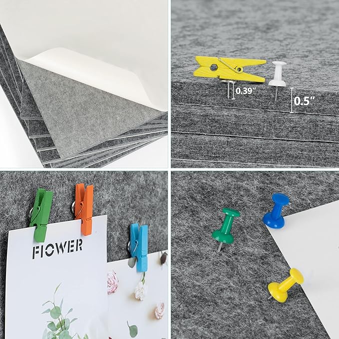 AKTOP Cork Bulletin Board 12x12, 1/2" Thick Felt Cork Board Tiles 9 Pack, Small Square Pin Board for Wall, Self Adhesive Corkboards with 120 Push Pin Wood Clips for School, Home & Office, Grey-DeskLoop Office