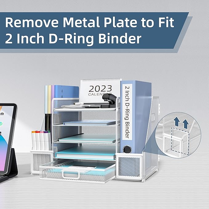 SUPEASY Mesh Desk Organizer with File Holder, 5-Tier Paper Letter Tray Organizer with Magazine Holder, Desktop Organizer and Storage with Drawer for Office Supplies Home or School, White-DeskLoop Office