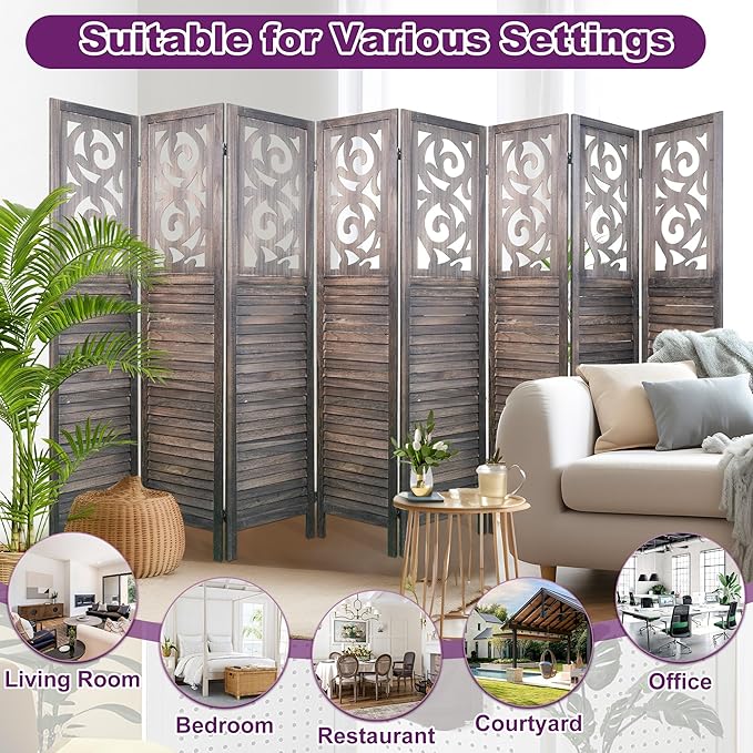 Room Divider, 5.6FT Folding Room Divider Panel, 8 Panel Craved Wood Partition Wall Divider for Room Separation, Rustic Brown-DeskLoop Office