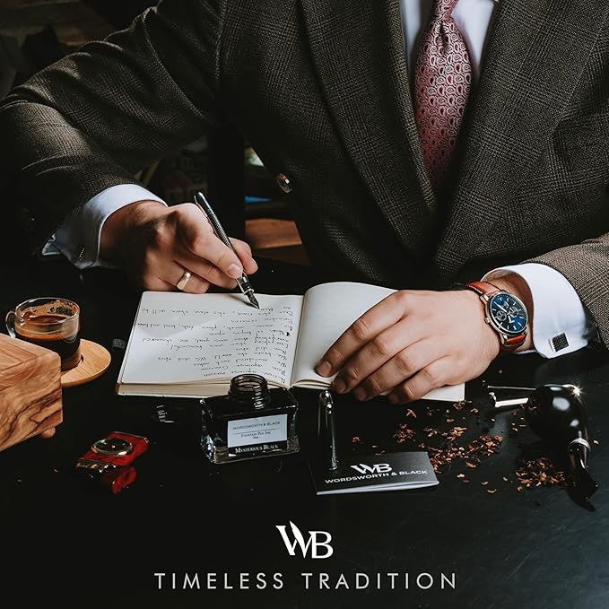 Wordsworth & Black Majesti Fountain Pen-(Black Checked), Luxury Case, Stainless Steel; Medium Nib- Ink Cartridges, Refillable Ink Converter-Calligraphy Pen-Best Business Gift Set for Men & Women-DeskLoop Office