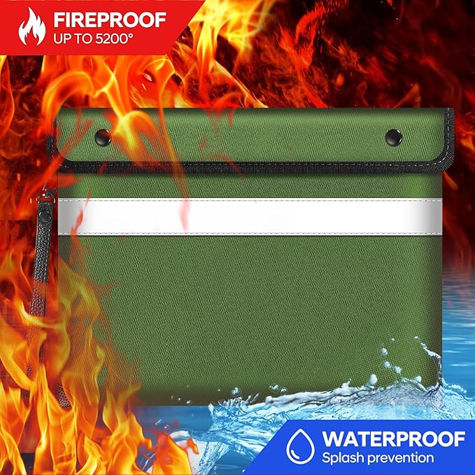 Upgraded Fireproof Document Bag 5200°F Heat Insulated,11"x7.7"Waterproof Fireproof Money Bag with Water-resistant Zipper,Fireproof Envelopes for Documents,Cash,Valuables(Green)-DeskLoop Office