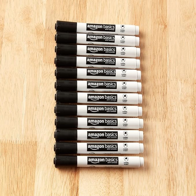 Amazon Basics 12-Pack Low-Odor Chisel Tip Dry Erase Whiteboard Markers, Black-DeskLoop Office