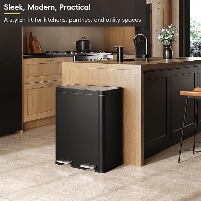 EKO Edison 8+8 Gallon Dual Trash Can for Recycling and Trash, Stainless Steel Kitchen Step Can with Dual Removable Inner Bucket, Independent Lids and Pedals, Black-DeskLoop Office
