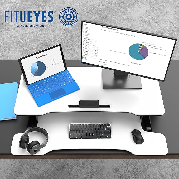 FITUEYES Height Adjustable Standing Desk 36” Wide Sit to Stand Converter Stand Up Desk Tabletop Workstation for Dual Monitor Riser FSD309103WW-DeskLoop Office