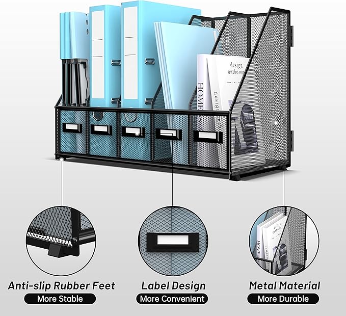 SUPEASY Desk Organizers Metal Desk Magazine File Holder with 16''x12''x12'' 5 Vertical Compartments Rack File Organizer for Office Desktop, Home Workspace, Black Plus-DeskLoop Office