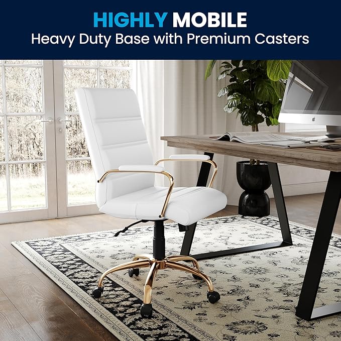 Flash Furniture Whitney Mid-Back Swivel LeatherSoft Desk Chair with Padded Seat and Armrests, Adjustable Height Padded Office Chair, White/Gold-DeskLoop Office