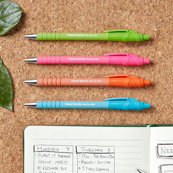 Paper Mate FlexGrip Ultra Ballpoint Pens, Made from Recycled Plastic Materials, Assorted Barrel Colors, Medium Point (1.0mm), Black, 12 Count
