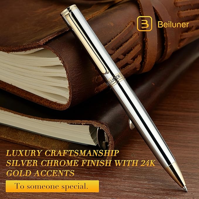 BEILUNER Silver Gold Gel Pen - Luxury Featuring sophisticated chrome finishes, with 24K Gold Accents, Best Pen Gift Set for Men & Women, Business Signature, Executive, Office Retractable Pens-DeskLoop Office